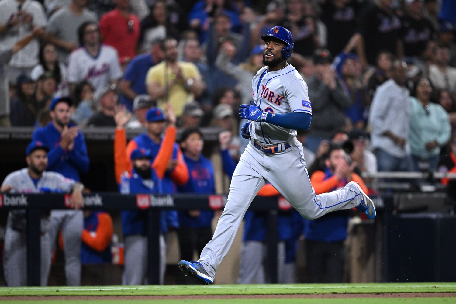 Jul 7, 2023; San Diego, California, USA; New York Mets right fielder Starling Marte (6) advances home to score a run against the San Diego Padres during the 10th inning at Petco Park.